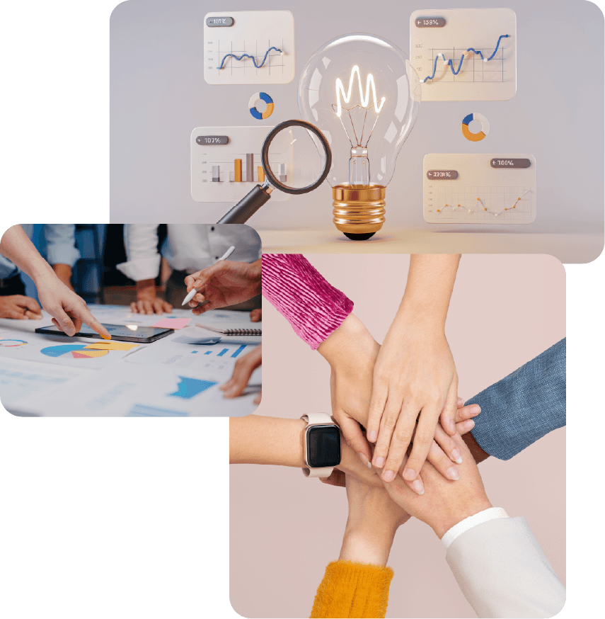 Hands joining together around a lightbulb